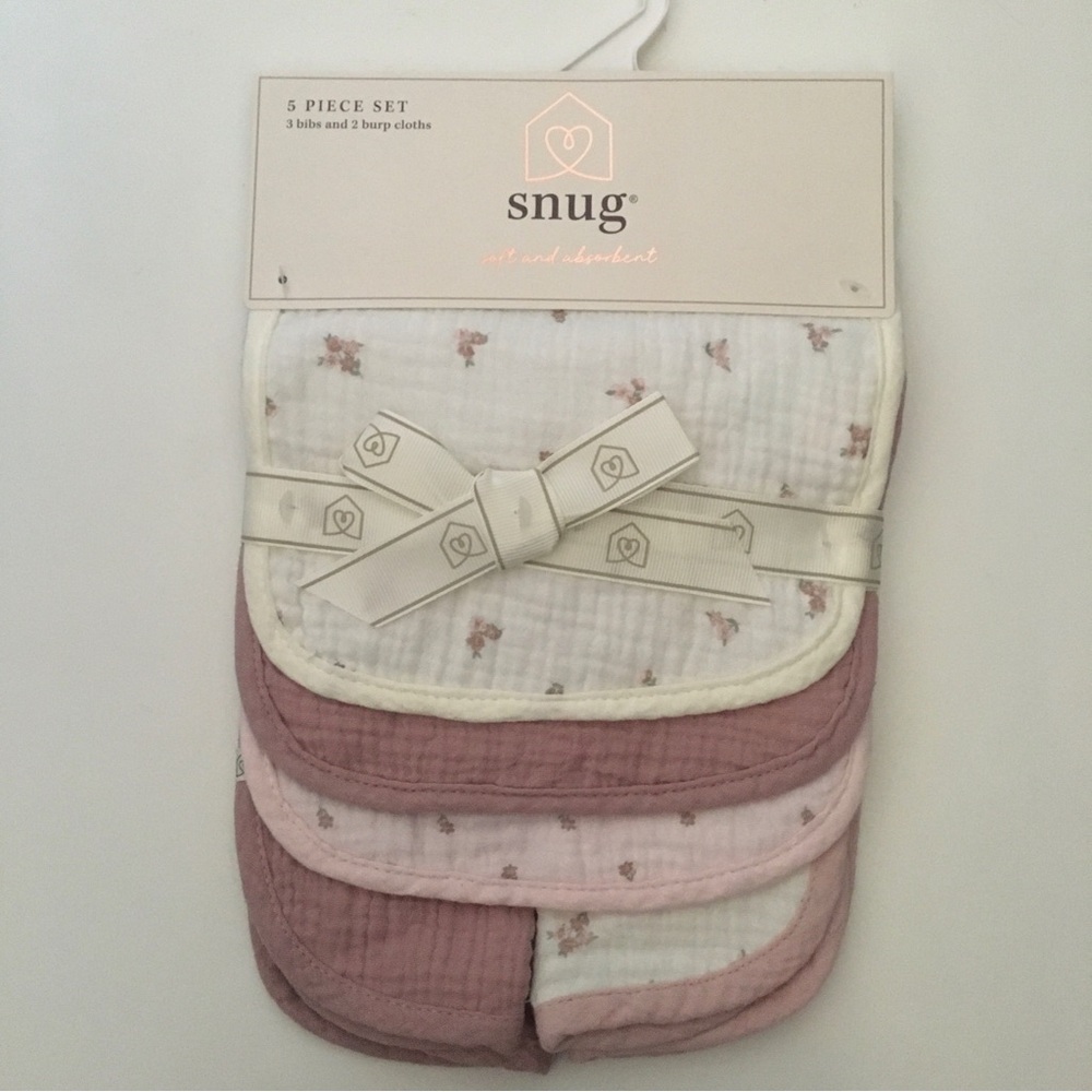 Snug 5-Piece Baby Bib & Burp Cloth Set Cotton Floral Print and Solid Color NEW